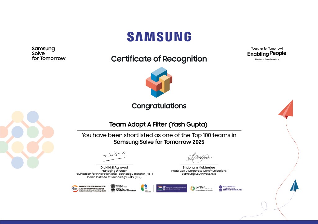 Samsung Solve for Tomorrow Certificate of Recognition - Team Adopt A Filter (Yash Gupta)